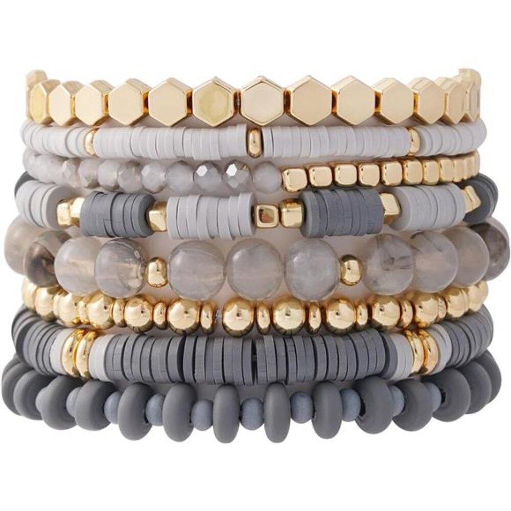 Surfer Heishi Clay Bead Bracelets for Women Bohemian Stackable Gold Grey